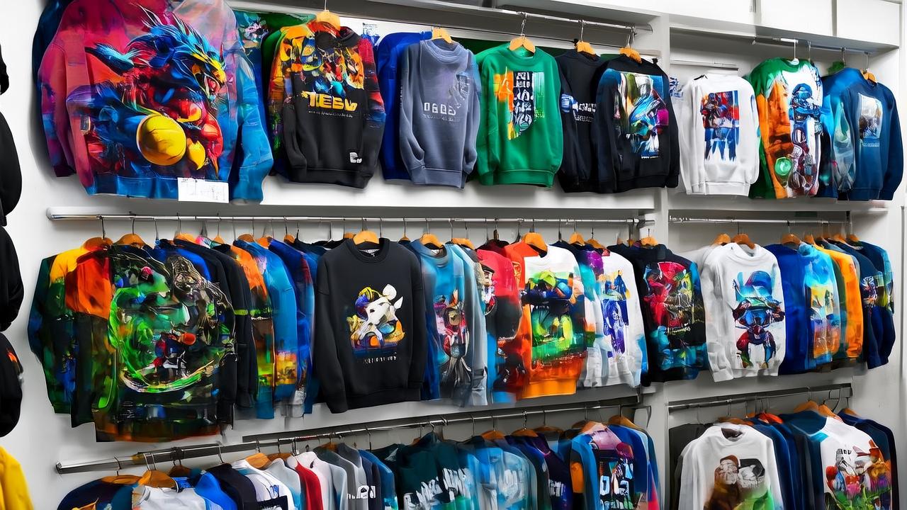Stack of colorful folded sweatshirts with gaming logos